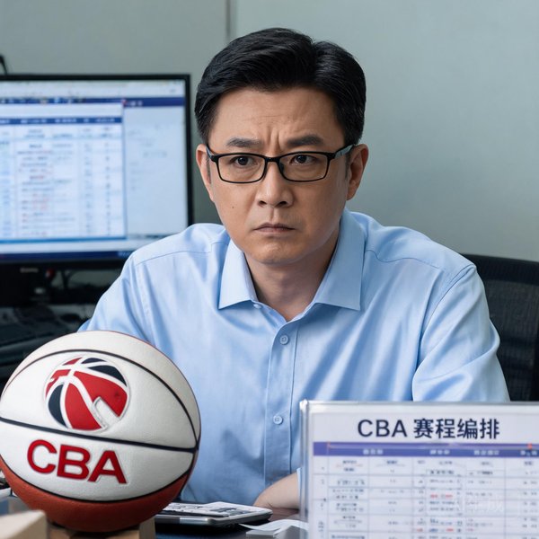 CBA赛程主编王磊，戴着眼镜，表情严肃专业