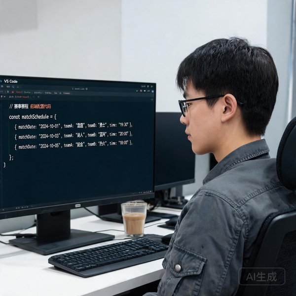 前端工程师刘洋，技术男风格，电脑屏幕显示赛程代码